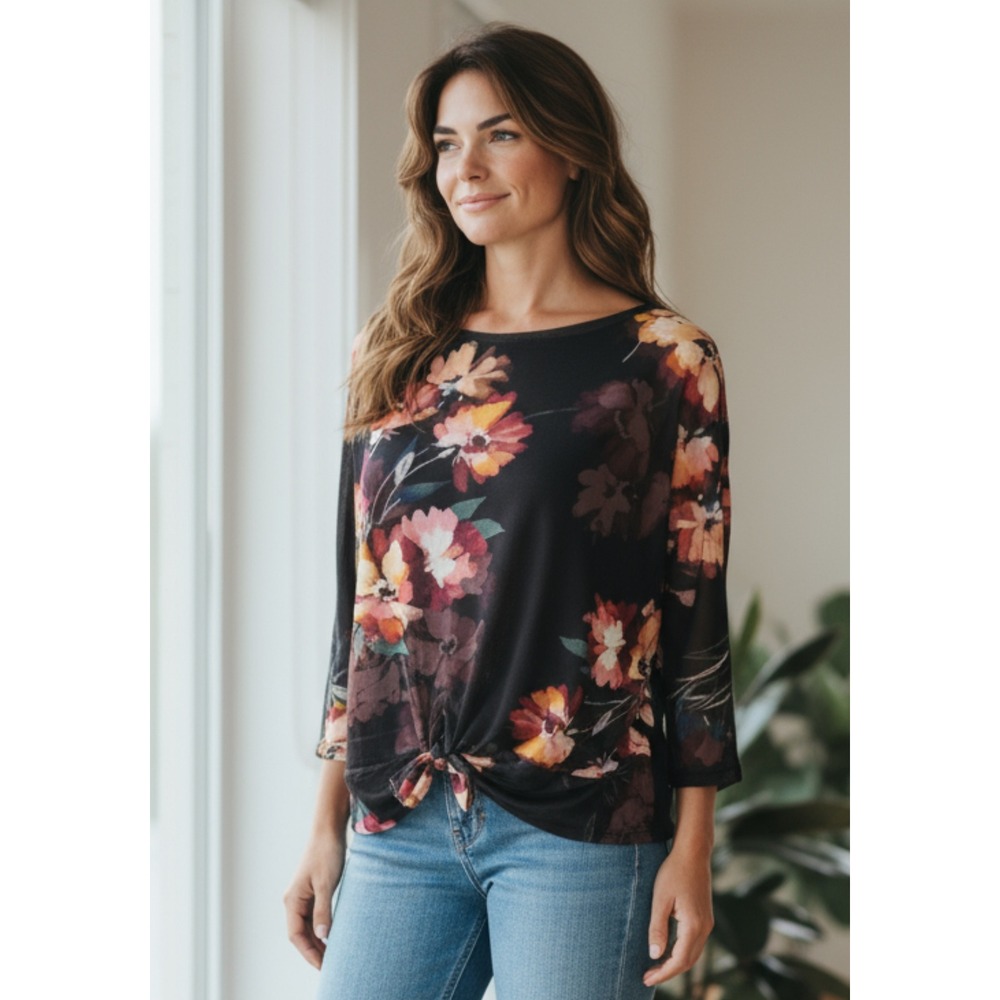Adyson Parker Floral Tie Front Top XS 3/4 Sleeve‎ Sheer Blouse